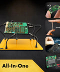 Jumbo Magnetic Workbench with Six Flexible Arms Soldering Aid showcasing PCB, jewelry, soldering, and flight controller use on yellow base.
