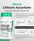 Lithium Ascorbate With Vitamin C Brain Boost Tablets For Memory And Focus Mood Support Stress Relief Cognitive Clarity And Long Term Brain Health With Lithium Orotate bottle front view. 60 mint flavored fast-melting tablets.