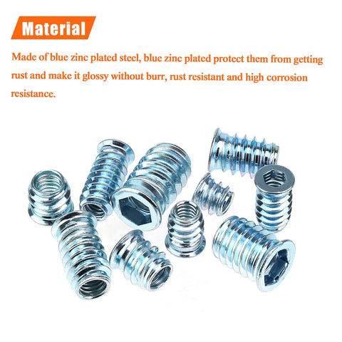 Blue zinc plated steel inserts in the DIY Ready 148 Piece Threaded Inserts Kit For Wood With 1/4-20, 5/16-18, 3/8-16 Coarse Threads.
