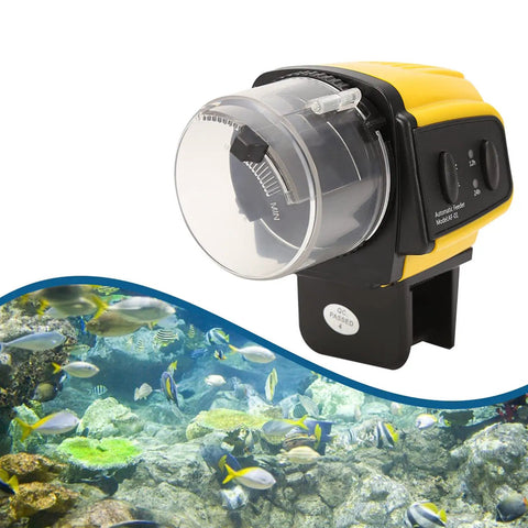 Dead Simple Automatic Fish Feeder With Battery Powered Digital Timer And Sleek LCD Panel, yellow plastic design, aquarium use.