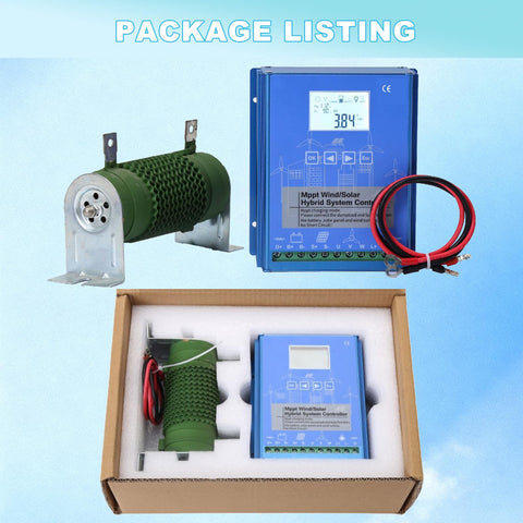 Beast 15000W Wind Solar Hybrid Charge Controller with LCD display, dump load, and cables for solar panels and wind turbines.