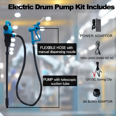 All Purpose Electric Drum Pump Workhorse for 55 Gallon Drums, 120 Volt AC and 12 Volt DC, shown with components labeled