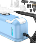 Heavy Duty Handheld Steam Cleaner 10s Rapid Heat Delivers 230 Degree Pressurized Steam For Deep Cleaning with black nozzle and accessories.