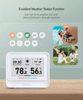 WiFi Thermometer Hygrometer With Weather Station And E Ink Display IBS TH5 on table showing temperature and humidity readings.