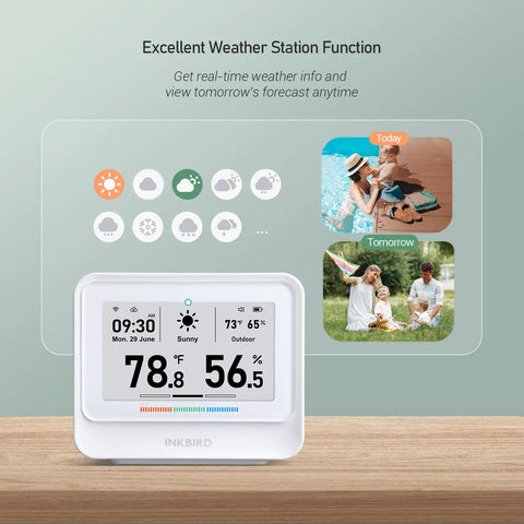 WiFi Thermometer Hygrometer With Weather Station And E Ink Display IBS TH5 on table showing temperature and humidity readings.