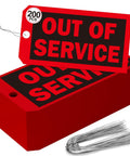 Straight-Up Red Out Of Service Tags With Galvanized Wire Ties, 200 Pack Heavy Duty Laminated Repair Required Lockout Signs For OSHA Wall Mounting Industrial Machine And Valve Inspection Safety Gear displayed with wires.