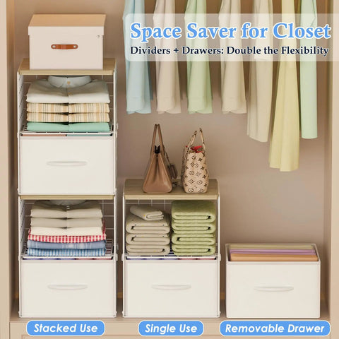 Two Pack Stackable Closet Storage Drawers With Wooden Top And Adjustable Dividers White Fabric Drawer Organizers Modular Storage Bins for space saving bedroom wardrobe and apartment organization in closet.