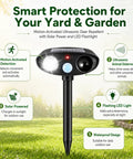 Deer Repellent Pack 4 With Solar Powered Ultrasonic Motion Sensor and LED Flashlight IP65 Waterproof Cat and Rabbit Deterrent for Outdoor Gardens and Yard No Go Zone Keeps Flowers Safe From Browsing Deer and Wildlife, black stake in lawn