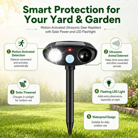 Deer Repellent Pack 4 With Solar Powered Ultrasonic Motion Sensor and LED Flashlight IP65 Waterproof Cat and Rabbit Deterrent for Outdoor Gardens and Yard No Go Zone Keeps Flowers Safe From Browsing Deer and Wildlife, black stake in lawn