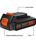 20V Max 15 Ah Lithium Ion Rechargeable Power Tool Battery Built Like A Brick For No Sweat Diy Fixes And Backyard Chore Runs With Reliable Extended Runtime Compatible With Favorite Cordless Tools Model Lbxr20, side view.