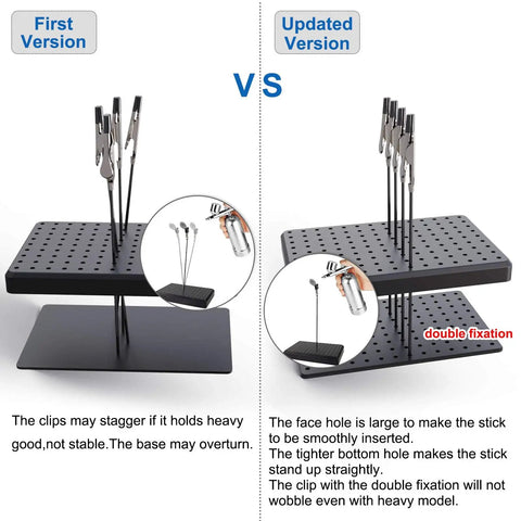 Comparison of first and updated versions of Painting Stand Base And 20 Piece Alligator Clip Stick Set for airbrush hobby model parts.