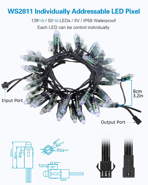 Coiled WS2811 Individually Addressable LED Pixels with input/output ports, IP68 waterproof, ideal for outdoor screens and decor.
