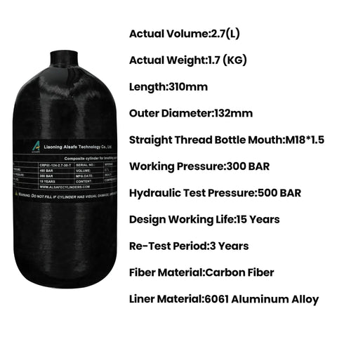 4500 Psi 2.7L Carbon Fiber Scuba Tank With Paintball Fill Station Valve Regulator Gauge, black tank with specifications