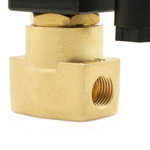 Close-up of Brass Electric Solenoid Valve Quarter Inch NPT 110V AC Normally Open For Air Gas Water Non Potable Diesel Fuel