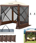 Pop Up Gazebo Screen Tent 6x6 Ft Quick Set Canopy With Mesh Windows Removable Privacy Wind Cloths Mosquito Netting 4 Sides Outdoor Sun Shelter Easy Setup Brown with accessories.