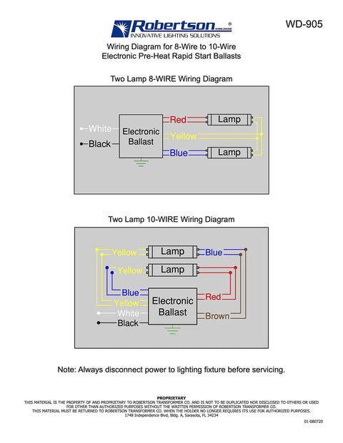 Wiring diagram for Electronic Fluorescent Ballast For 1 Or 2 T8 Lamps 25W-32W And T12 Lamps 25W-40W, 120V.