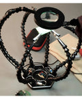 Third Hand Soldering Tool With 6 Flexible Arms Helping Hands for PCB work, hobby welding station with magnifier and gooseneck clamps.