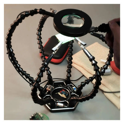 Third Hand Soldering Tool With 6 Flexible Arms Helping Hands for PCB work, hobby welding station with magnifier and gooseneck clamps.
