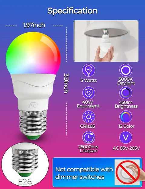 Color Changing RGB LED Light Bulb A15, 40W Equivalent, 5700K Daylight White, 450 Lumens, 5W, E26 Base, RGBW Mood Lighting shown