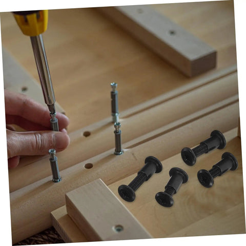 Bulletproof Heavy Duty Lock Screws And Nuts For Furniture Assembly, Black cross dowel bolts used in wood assembly.