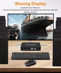 Hassle Free 4 Port KVM Switch With 4K 60Hz Video Sharing And Dual Computer Control setup showing keyboard, mouse, and PCs on a desk.