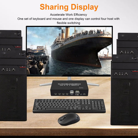 Hassle Free 4 Port KVM Switch With 4K 60Hz Video Sharing And Dual Computer Control setup showing keyboard, mouse, and PCs on a desk.