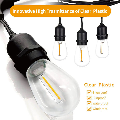 Close-up of 24 Pack LED S14 Replacement Bulbs For Outdoor String Lights, 1 Watt 2200K Warm White, E26 Medium Base, Shatterproof.