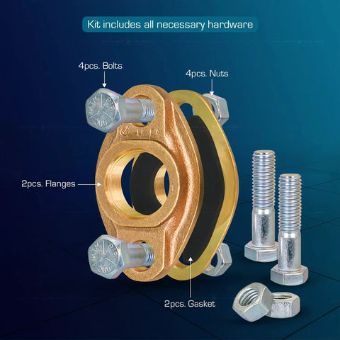 All In One Bronze Water Meter Hardware Kit With 1 1/2 Inch FIP Connection Includes 2 Flanges 2 Gaskets 4 Nuts 4 Bolts