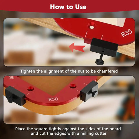 Heavy Duty Aluminum Router Corner Radius Templates Set Slick CNC Woodworking Guides showing alignment and usage instructions on jigs.