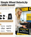 Woman detaching wheels from underseat carry on luggage that feels like a pro airline approved softside case with removable wheels converts to personal item under seat 17 inch black travel bag for flights and biz at airport check-in.