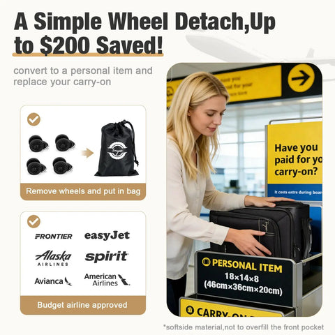 Woman detaching wheels from underseat carry on luggage that feels like a pro airline approved softside case with removable wheels converts to personal item under seat 17 inch black travel bag for flights and biz at airport check-in.