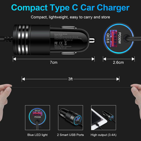 48W USB C Car Charger With Built In 30W Type C Cable Fast Charge Android Car Adapter dimensions and features shown