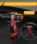 Universal Magnetic Bit Holder For Cordless Drills And Screwdrivers with eight bits clipped onto a cordless drill on a black surface.