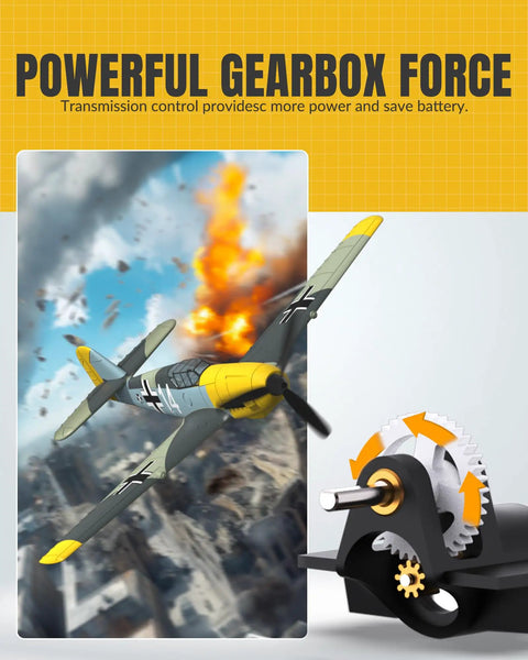 RC Plane BF109 Fighter 4 Channel RC Aircraft With Aileron And Gyro Stabilizer for smooth aerobatics, illustrated with gearbox.