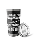 Stainless Steel Insulated Tumbler For Sailplane Lovers And Aviation Enthusiasts Keeps Cold Drinks Ice Cold Or Hot Coffee On Long Fly Days Durable Travel Mug Built For Glider Pilots And Aviation Nerds shown with lid and glider design.