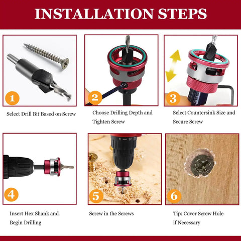 Installation steps for Countersink Drill Bit Set With Depth Stop And Quick Change Hex Shank One Quarter Inch.