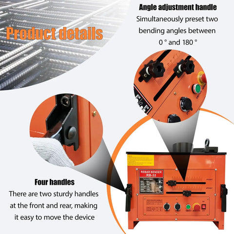 Detailed view of Plug And Play 110V Electric Rebar Bender Machine Handles Steel Bars 6mm To 32mm with angle adjustment features.