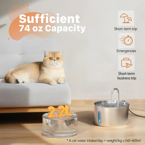 Stainless Steel Cat Water Fountain 2.2 L Ultra Quiet Pump Pet Fountain For Cats Automatic Drinking Water Dispenser With Water Level Window Keeps Fresh Water Flowing Easy Clean Metal Bowl For Cats And Small Dogs