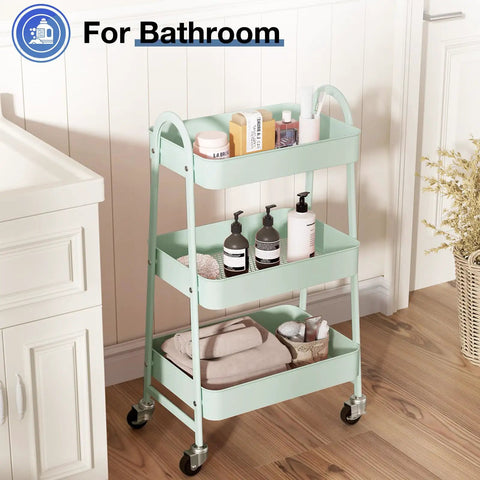 Three Tier Metal Rolling Cart With Lockable Casters For Living Room And Bath A Space Saving Mobile Storage Shelf For Narrow Spaces In Pale Green Smooth Rolling Casters For Quick Organization On The Go in bathroom setting