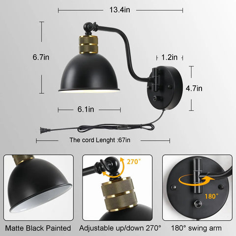 Two Pack Plug In Wall Sconces With Swing Arm Lamps And Dimmable Switch Farmhouse Industrial Vintage Lighting Black Finish dimensions