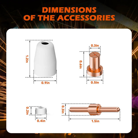 PT31 Plasma Cutter Consumables Kit dimensions for nozzles, electrodes, tips with sizes listed for Precision Fit Torch