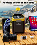 Cordless 160 PSI Tire Inflator Portable Air Pump With Digital Gauge And LED Light shown charging electronic devices on a picnic table.
