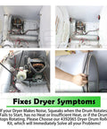 Master Grade Dryer Repair Kit Compatible With Whirlpool And Kenmore Featuring Solid Drum Rollers Idler Pulleys And Heavy Duty Drive Belt Zero Sweat Diy Setup view of dryer components and drum rollers for repairs