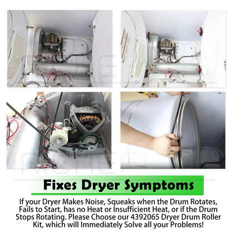 Master Grade Dryer Repair Kit Compatible With Whirlpool And Kenmore Featuring Solid Drum Rollers Idler Pulleys And Heavy Duty Drive Belt Zero Sweat Diy Setup view of dryer components and drum rollers for repairs