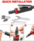 Heavy Duty One Quarter Inch Air Angle Die Grinder Killer Pneumatic Rotary Polisher With Dial In Speed Control and accessories setup.