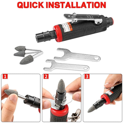 Heavy Duty One Quarter Inch Air Angle Die Grinder Killer Pneumatic Rotary Polisher With Dial In Speed Control and accessories setup.