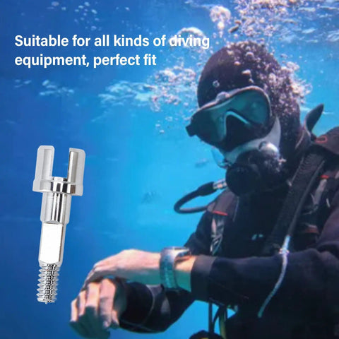 Beefed Up Heavy Duty Stainless Steel Dive Tank Valve Stem For Scuba Gear With Easy Install And Durable Spindle Built To Last In Harsh Underwater Conditions shown beside a scuba diver underwater.