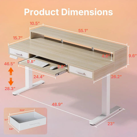 Product dimensions of Electric Standing Desk 55 Inch By 26 Inch With 24.4 Inch Large Keyboard Tray And Two Drawers C Clamp Mount.