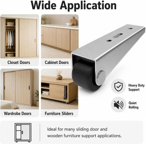 Tough As Nails Vertical Track Roller With Durable Rubber Caster for Super Smooth Sliding Door Operations, shown with closet and cabinet doors.