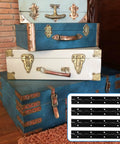 Sixteen Piece 8 Inch Piano Hinges Straight Up Heavy Duty Continuous Hardware In Rust Resistant Iron With Hella Durable Matte Black Coating For Cabinets And Doors stacked with antique styled blue and white trunks.